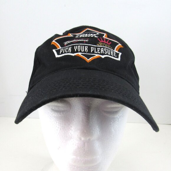 Bud Light Budweiser Pick Your Pleasure Emb Logo Men Black Adj Strap Back Cap Hat - Picture 2 of 8